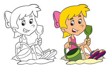 Cartoon child having fun in the sand - isolated - with coloring page - illustration for the children