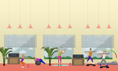 Fitness center interior vector illustration. People work out in gym horizontal banners. Sport activities concept. 