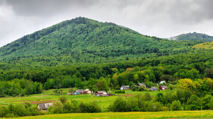 Carpathian mountains, cloudy day. houses in valley under hill, Ukraine