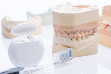 Fototapeta na wymiar Teeth molds with dental floss and brush on a bright white table