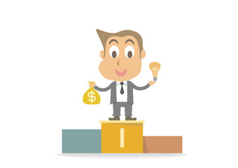 Business man on winning podium. Business concept cartoon character.