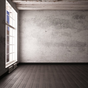 interior with a window in the loft-style with posters and paintings. 3d