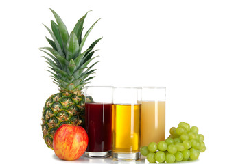 glass Cup of juice and grapes with pineapple and apple on white isolated background