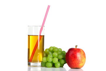 glass Cup of juice and grapes with apple on white isolated background