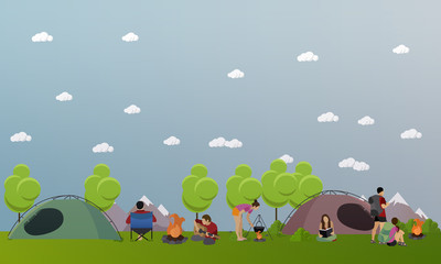 Obraz na płótnie Canvas Vector set of summer recreation concept banners in flat style. People camping in park