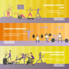 Fitness center horizontal banners set. Sport equipment and accessories. Training concept vector illustration.