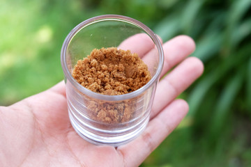 Brown sugar in glass in hand