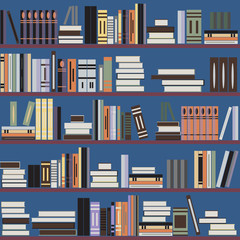 Vector seamless bookshelf pattern, random books on shelves, beige background. Design for websites, textile, fabric, brochures, booklets, invitation cards, flyers
