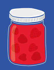 Vector illustration of a glass jar of homemade strawberry jam with whole strawberries inside