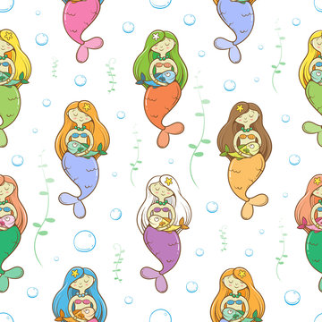 Seamless  pattern with cute cartoon mermaids on white  background. Underwater life. Children's illustration. Vector image.