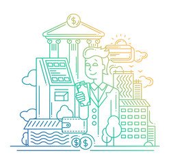 Businessman managing money - line design illustration