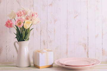 Flowers bouquet of white and pink tulips
