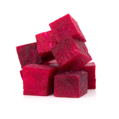 Fresh beetroot cube slices closeup isolated on white background