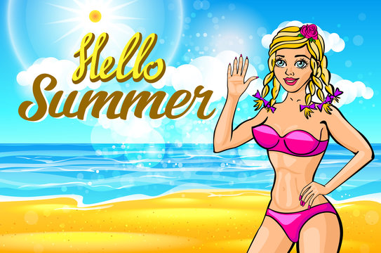 woman on the beach. vector blonde in a pink bikini on a sunny beach welcomes you. lettering Hello Summer