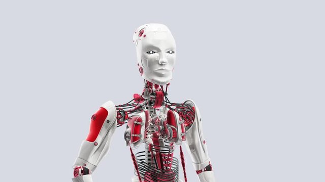 Futuristic humanoid robot awakening. 3D rendering