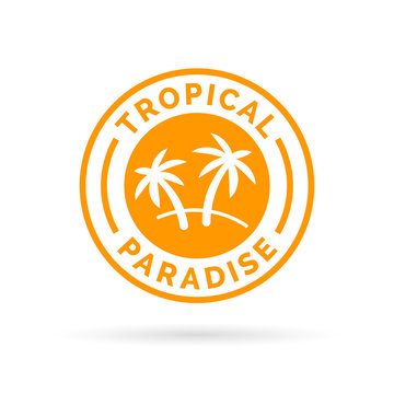 Tropical holiday paradise icon with palm trees symbol stamp. Vector illustration.