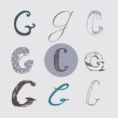 Obraz premium Original letters G set, isolated on light gray background. Alphabet symbols, editable, hand drawn, creative, in different variations, Italic, 3d, freehand, drawn with brush and nib vector Illustration