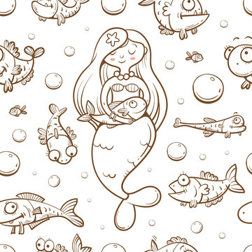Seamless  pattern with cute cartoon mermaids on  white  background. Underwater life. Children's illustration. Vector image.
