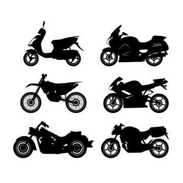 Set of black silhouettes of motorcycles on a white background