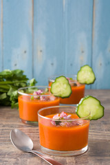 Gazpacho soup in glass on rustic wood
