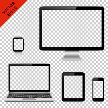 Computer monitor, laptop, tablet pc, mobile phone and smart watch with transparent screen. Isolated on transparent background.