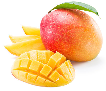 Mango fruit and mango slices on a white background.