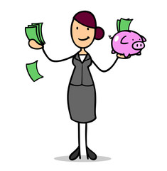 Gesch&auml;ftsfrau mit Geld und Sparschwein