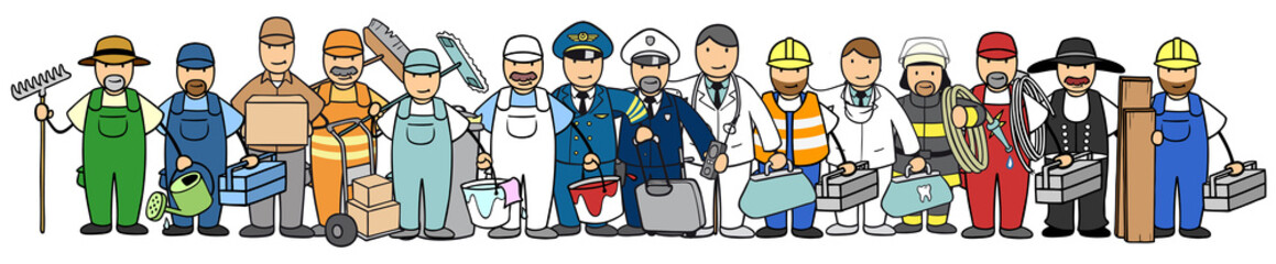 Panorama Cartoon Gruppe mit vielen Berufen