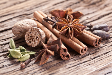 Spices on a old wooden table.