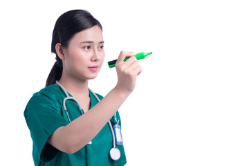 Doctor writing something with marker, isolated on white