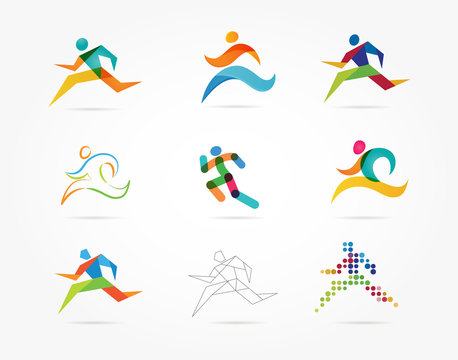Running marathon, people run, colorful icon set