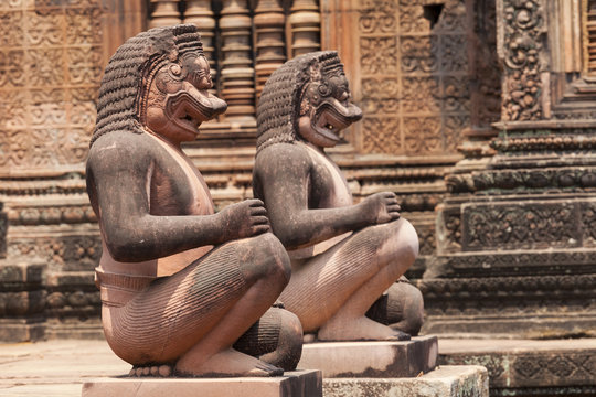 Monkey guardians in the Banteay Srey hindu khmer temple ,  Angkor Wat, Cambodia. 