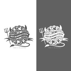 Logo pizza, fast food, vector monochrome badge pizza, pizza with mushrooms, salami, in the oven, slice of pizza with peppers, hot Italian fast food, label for food products, cafe, restaurant