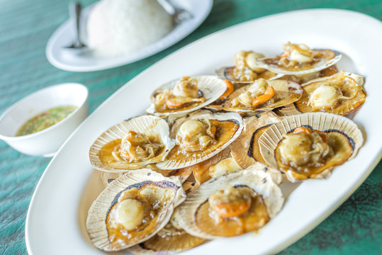 Baked scallops with butter and soy sauce in natural scallop shell delicious Thai sea food.