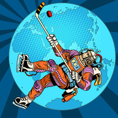 Astronaut plays hockey over planet Earth