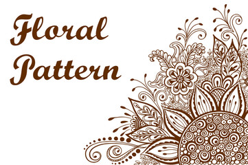 Calligraphic Vintage Pattern, Symbolic Flowers and Leafs, Abstract Floral Outline Ornament, Brown Contours Isolated on White Background. Vector