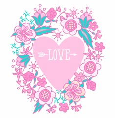 illustration of heart with the word love and arrow framed by flowers. template for greeting cards, cups, Printing on textiles