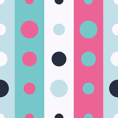 Seamless vector decorative background with strips and polka dots. Print. Cloth design, wallpaper.