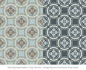 Retro Seamless Pattern 2 Color Set_355 Vintage Round Circle Frame Cross Flower