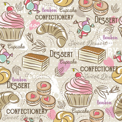 Background with cupcake, croissant, cake and bonbon