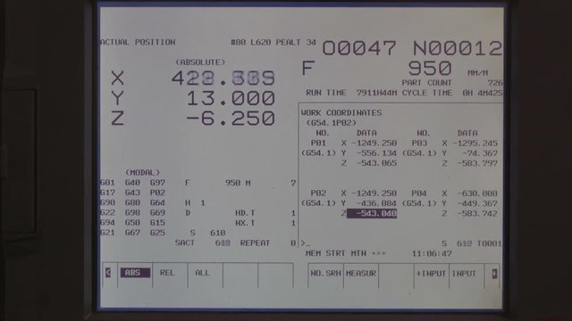 The monitor of the dashboard of the controller where there are figures and numbers moving while the machine works