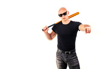 Violence and aggression concept - furious screaming angry man hand holding baseball sport bat