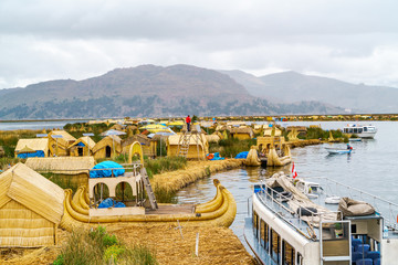 View at the Floating Island Los Uros with typical boats