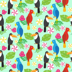 Obraz premium Seamless pattern with tropical brazilian tucans and parrots