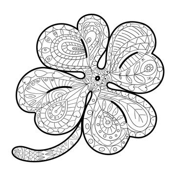 Hand drawn four leaf clover for adult coloring pages in doodle style, ethnic ornamental vector illustration. Coloring Book for Relaxation Therapy. 