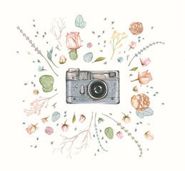 Vintage retro photo camera in flowers, leaves, branches on white background. Watercolor design, Flat style. Hand drawn Vector illustration, separated elements in collage. - obrazy, fototapety, plakaty