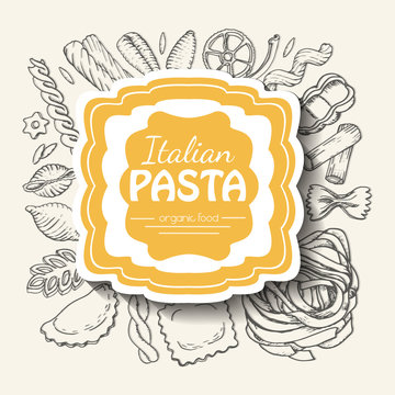 Background with italian pasta and an inscription in the middle