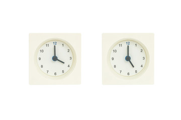 Closeup white clock isolated on white background