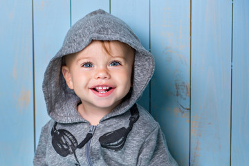 Image of  sweet baby boy, closeup portrait of child isolated on white background, cute toddler with blue eyes - obrazy, fototapety, plakaty