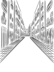 Detailed buildings on the street, vector drawing